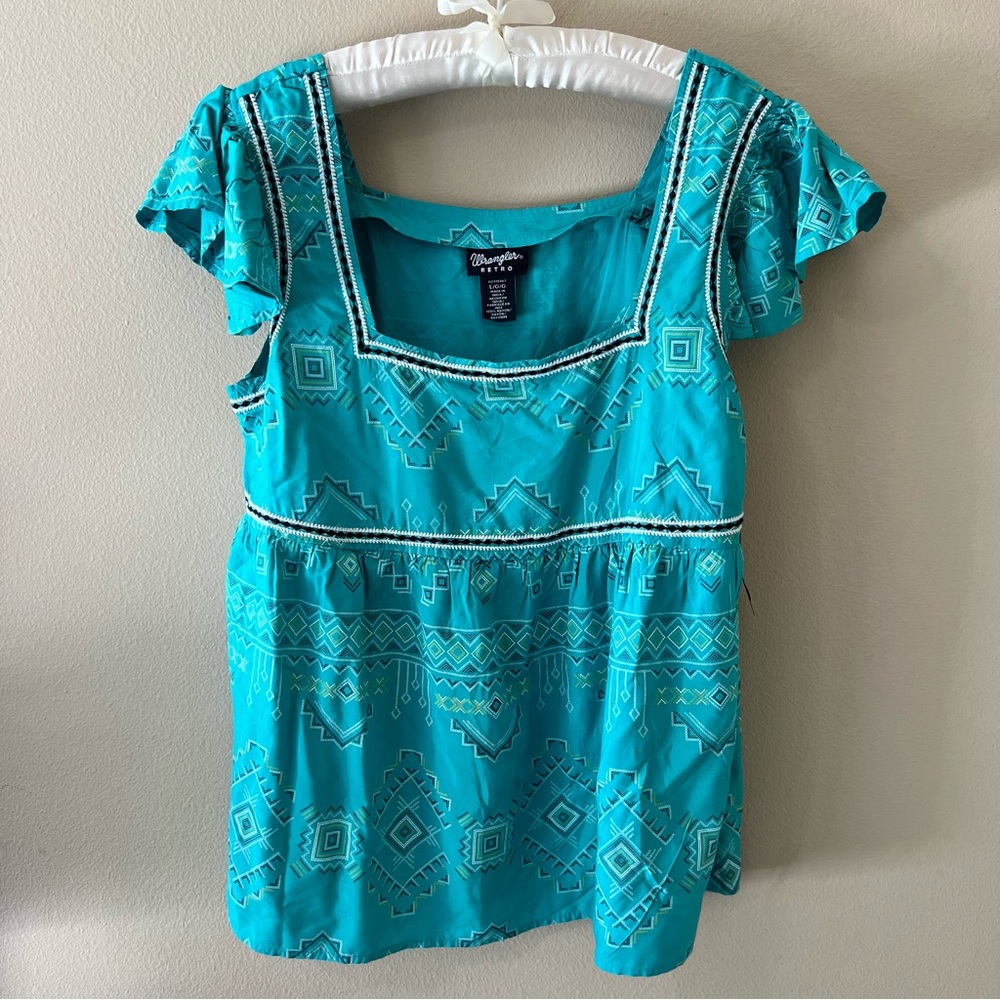 NWT Wrangler Retro Peasant Blouse Ruffle Sleeve Aztec L Large Turquoise $39.99